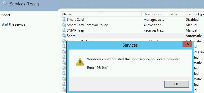 Windows could not start the Snort service